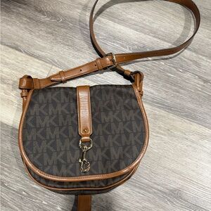 Michael Kors Brown & Tan MK Signature Crossbody Saddle Bag